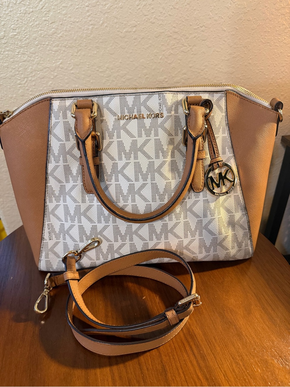 Michael Kors White and Brown Signature Logo Satchel with Gold Hardware